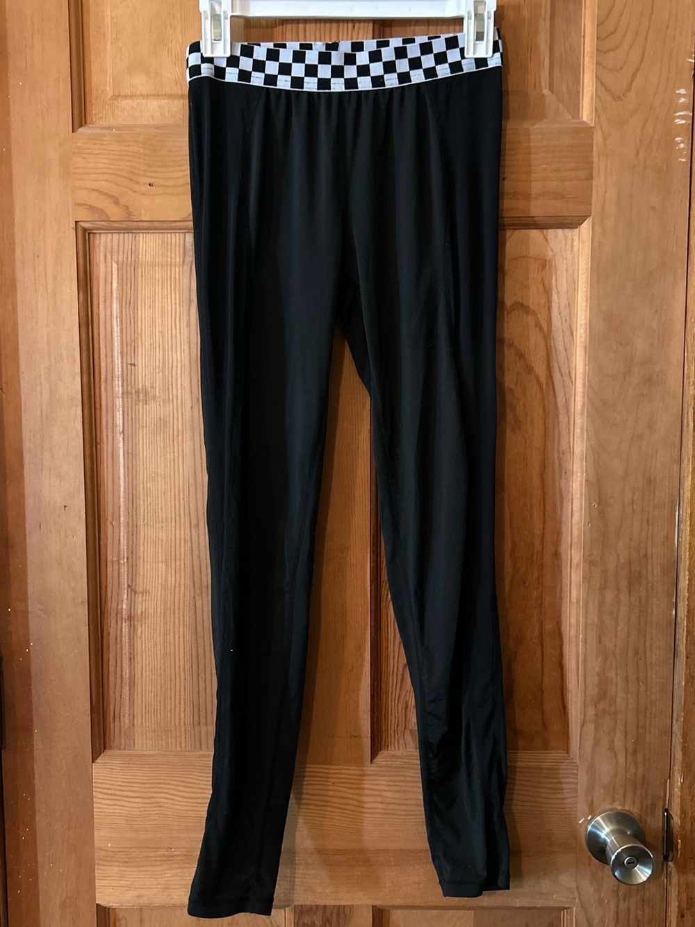 Zaful Black Leggings with Black and White Checkerboard Waistband